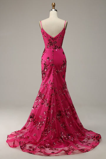 Hot Pink Pailletter Print Havfrue Prom Kjole